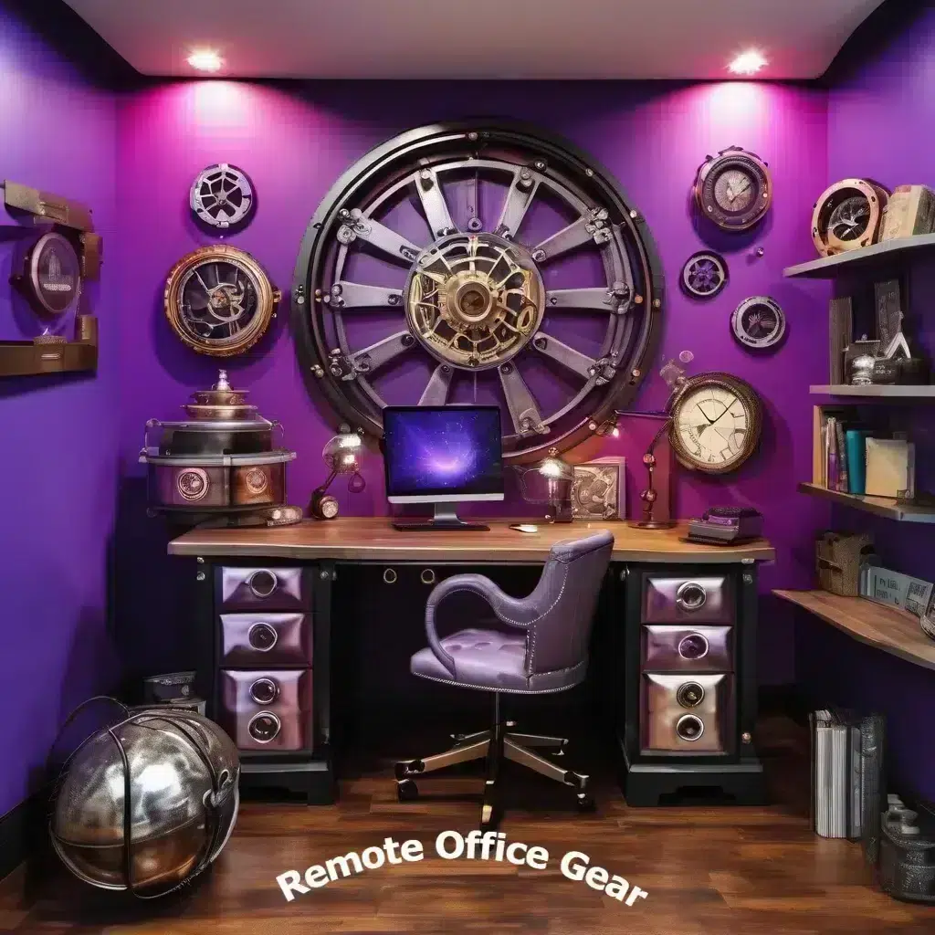 Bright Purple, silver and pink steam punk home office setup logo for Remote Office Gear